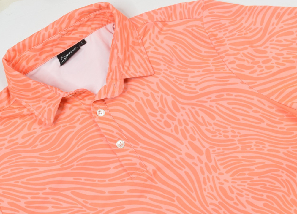Sunday Swagger Polo Shirt Mens Large Oange Abstract Zebra Short Sleeve Stretch